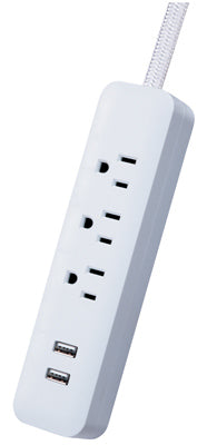 Power Strip, 2 USB Ports, Fabric-Covered Cord, White, 6-Ft.