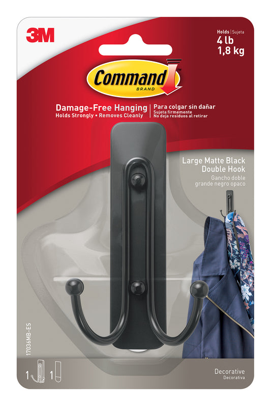 Command Strips 17036mb-Es Large Matte Black Decorative Double Hook With Command Adhesive Strip