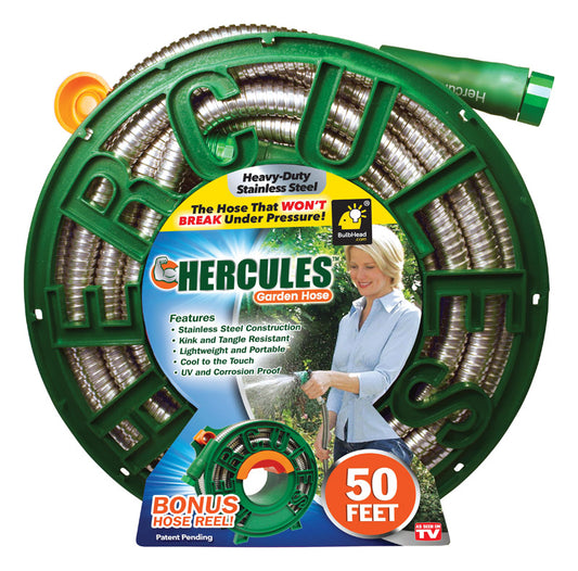 Hercules  As Seen On TV  3/4 in. Dia. x 50 ft. L Flexible  Silver  Stainless Steel  Hose and Reel