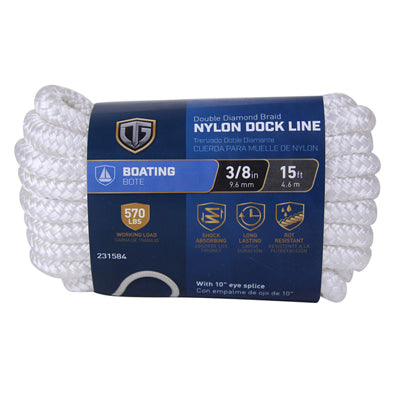 Dock Line, Double Diamond Braided, White, 3/8-In. x 15-Ft.