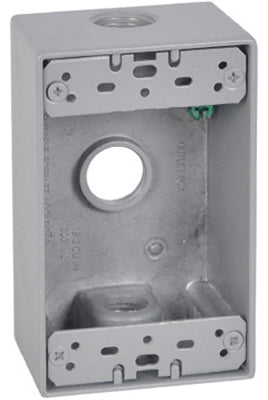 1 Gang Outlet Box, Rectangular, Gray, Weatherproof, Three 0.5-In. Holes