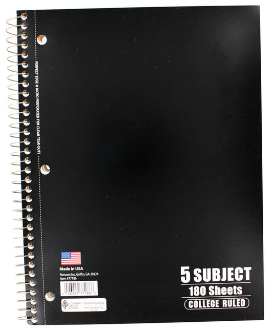 Norcom 77186-12 10.5" X 8" 5 Subject College Ruled Notebook