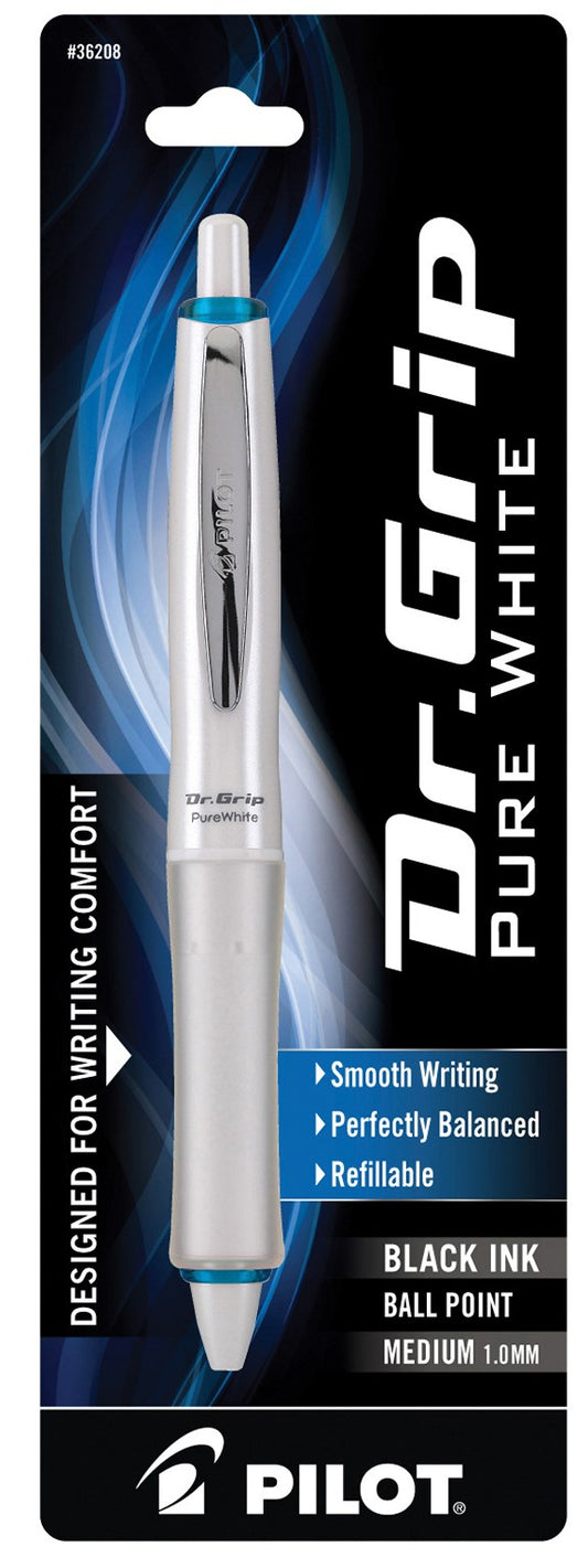 Pilot 36208 Medium Pure White Dr. Grip Ballpoint Pen With Black Ink (Pack of 6)