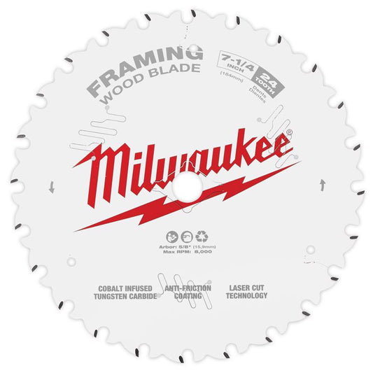 Milwaukee  7-1/4 in. Dia. x 5/8 in.  Framing  Carbide Tipped Steel  Circular Saw Blade  24 teeth 1 pc.