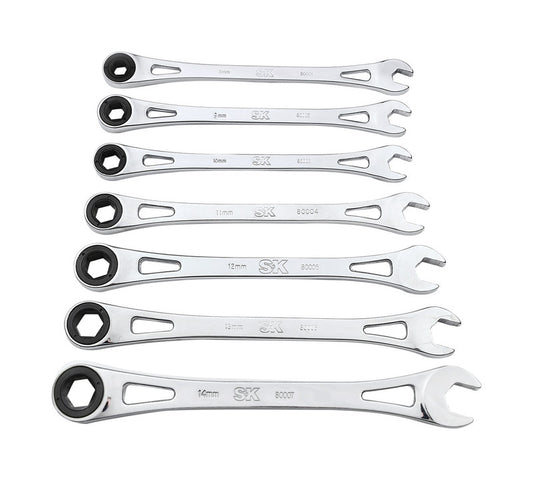 SK Professional Tools X-Frame 6 Point Metric Ratcheting Combination Wrench Set 7 pc