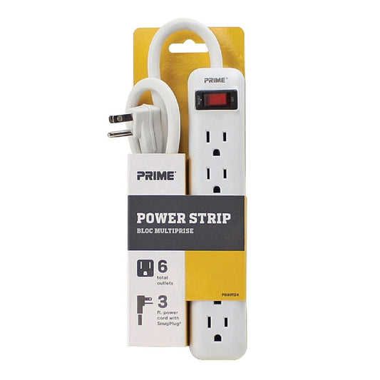 Prime 3 ft. L 6 outlets Power Strip White