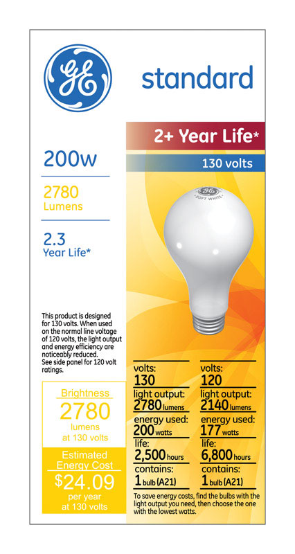 GE  177/200 watts A21  A-Line  Incandescent Bulb  E26 (Medium)  Soft White  1 pk