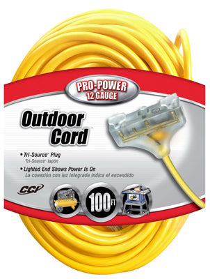100-Ft. 12/3 SJTW-A Yellow 3-Outlet Extension Cord