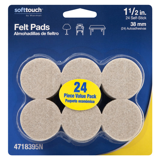 Softtouch Felt Self Adhesive Protective Pad Oatmeal Round 1.5 in. W X 1.5 in. L 24 pk