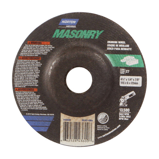 Norton Masonry 4-1/2 in.   D X 1/4 in. thick T X 7/8 in.  S Grinding Wheel 1 pc